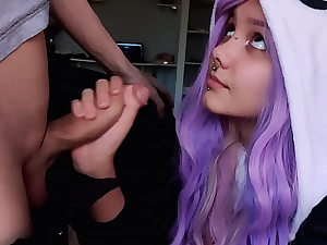 Cute girl with purple hair is extrusive my penis