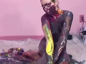 Small-titty slut gets messy with paint in room