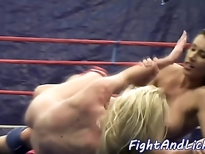 Lesbo minority wrestling coupled with pussylicking